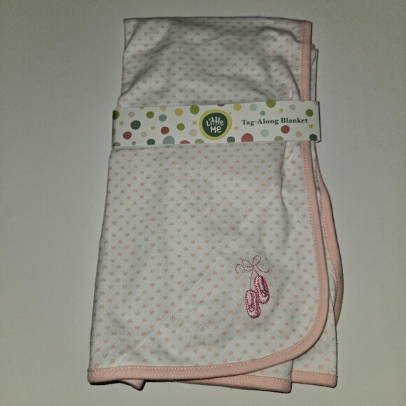 NEW Little Me Pink Hearts Baby Blanket Embroidered Ballet Slippers 100% Cotton - Picture 1 of 7
